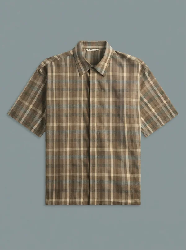 Auralee Super Fine Tropical Wool Check Short Sleeve Shirt - Brown