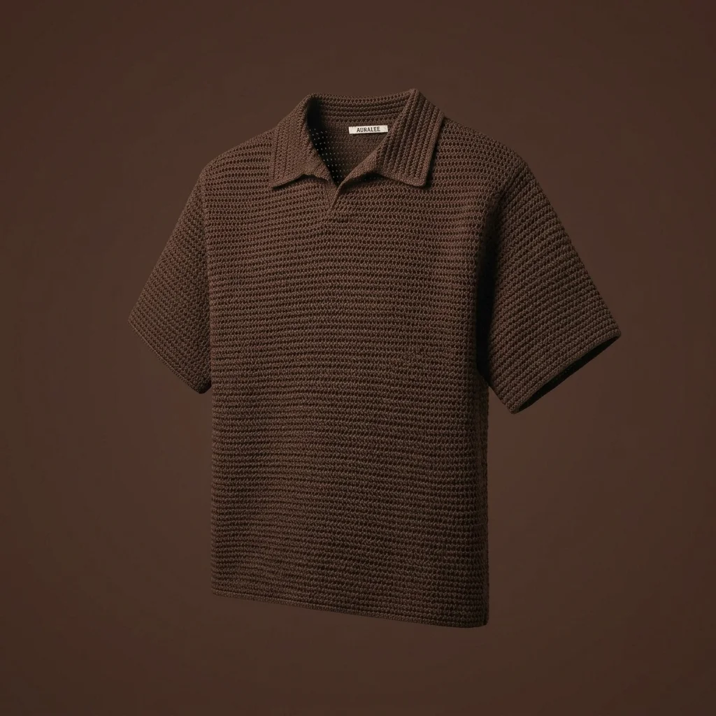 Auralee Tussah Silk Cotton Mesh Knit Skipper Polo - Brown