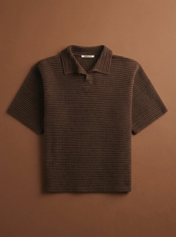 Auralee Tussah Silk Cotton Mesh Knit Skipper Polo - Brown