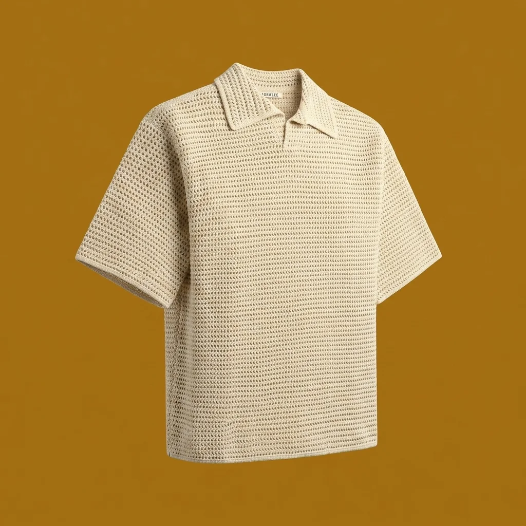 Auralee Tussah Silk Cotton Mesh Knit Skipper Polo - Ivory