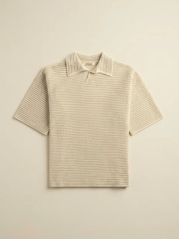 Auralee Tussah Silk Cotton Mesh Knit Skipper Polo - Ivory