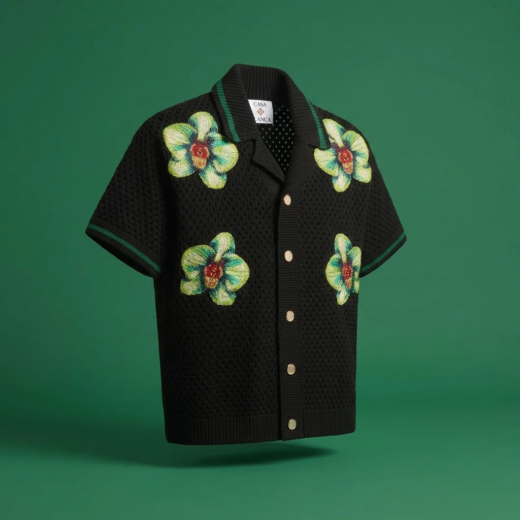 Casablanca Glitch Orchid Embroidered Short Sleeve Crochet Shirt - Black