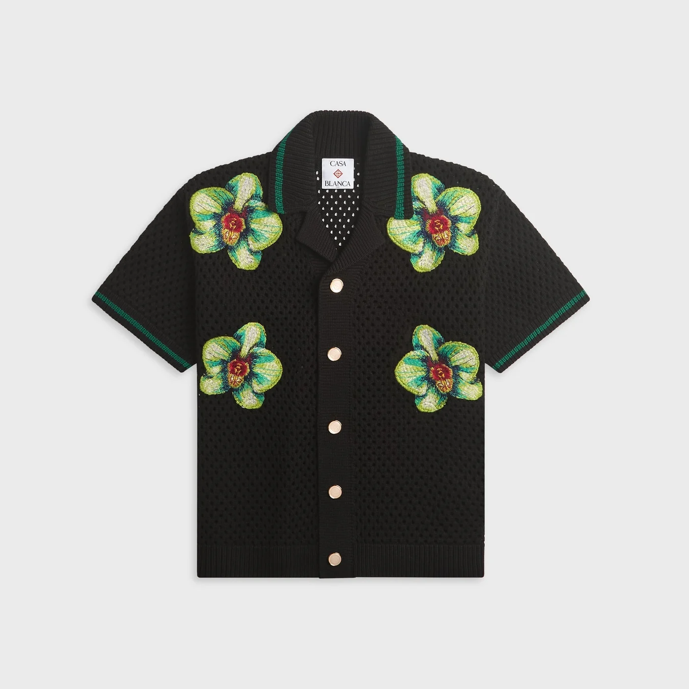 Casablanca Glitch Orchid Embroidered Short Sleeve Crochet Shirt - Black