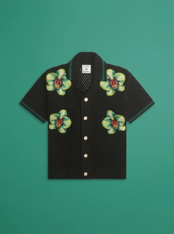 Casablanca Glitch Orchid Embroidered Short Sleeve Crochet Shirt - Black