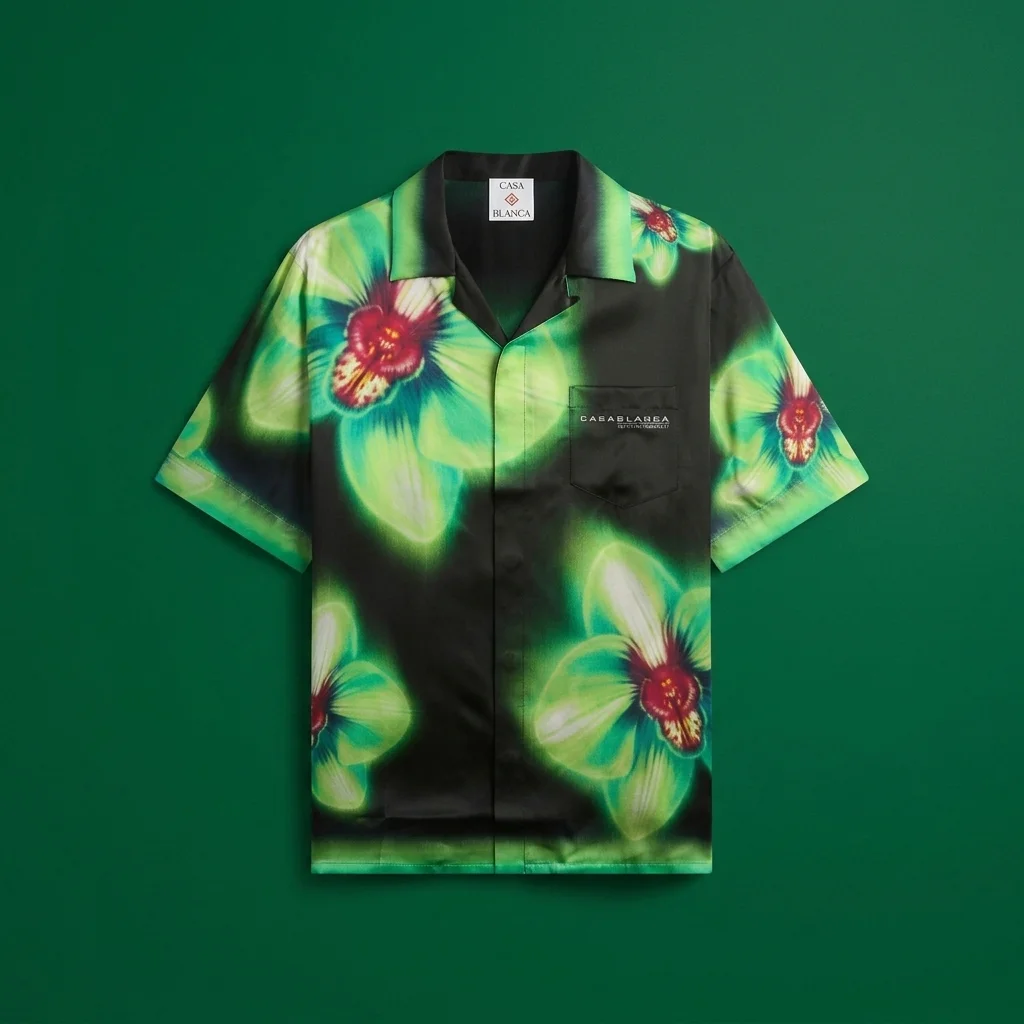 Casablanca Orchid Glitch Short Sleeve Silk Shirt - Black