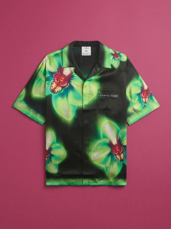 Casablanca Orchid Glitch Short Sleeve Silk Shirt - Black