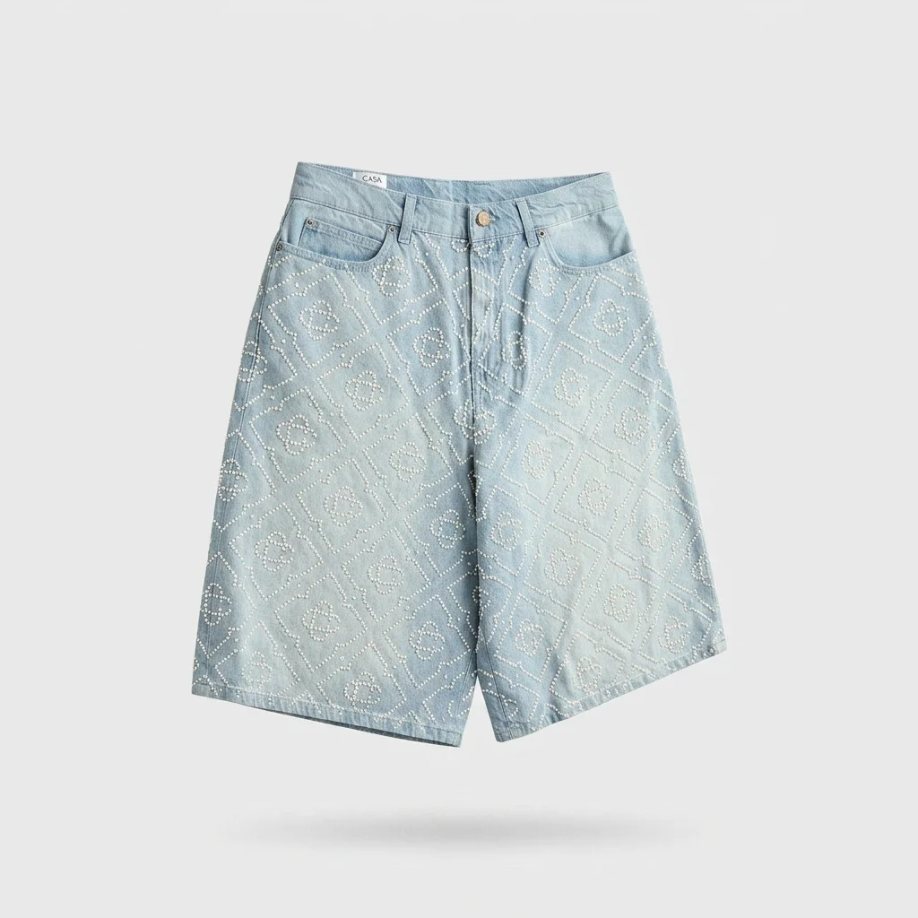 Casablanca Pearly Monogram Wide Leg Denim Short - Denim
