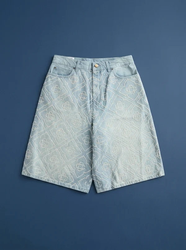 Casablanca Pearly Monogram Wide Leg Denim Short - Denim
