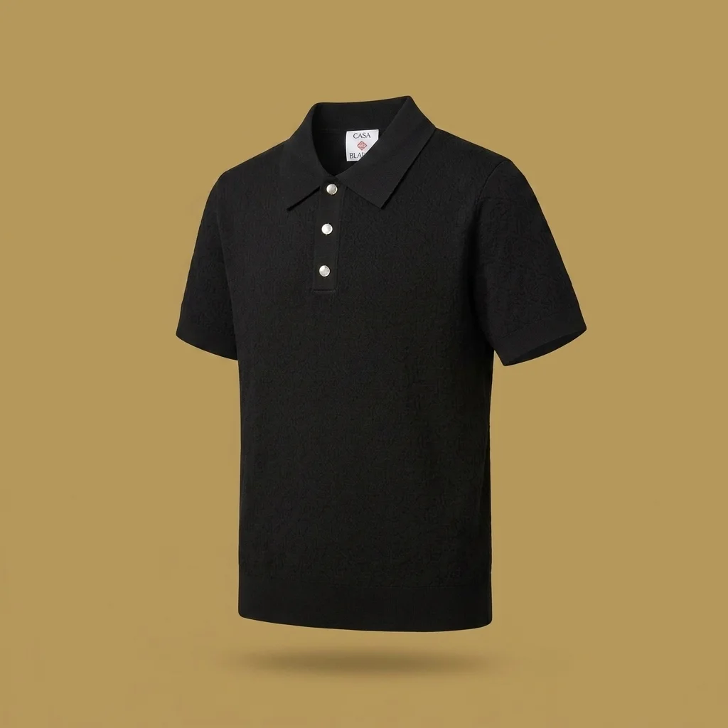 Casablanca Pointelle Monogram Short Sleeve Polo Shirt - Black
