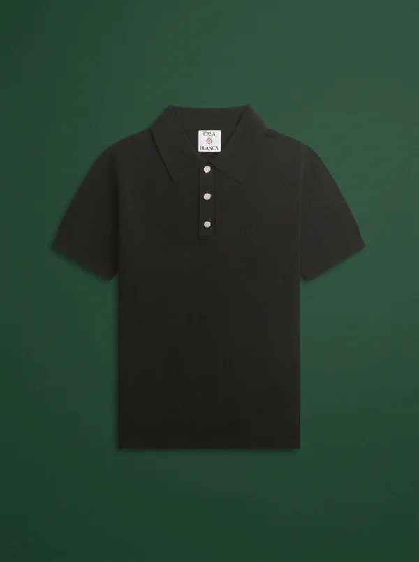 Casablanca Pointelle Monogram Short Sleeve Polo Shirt - Black