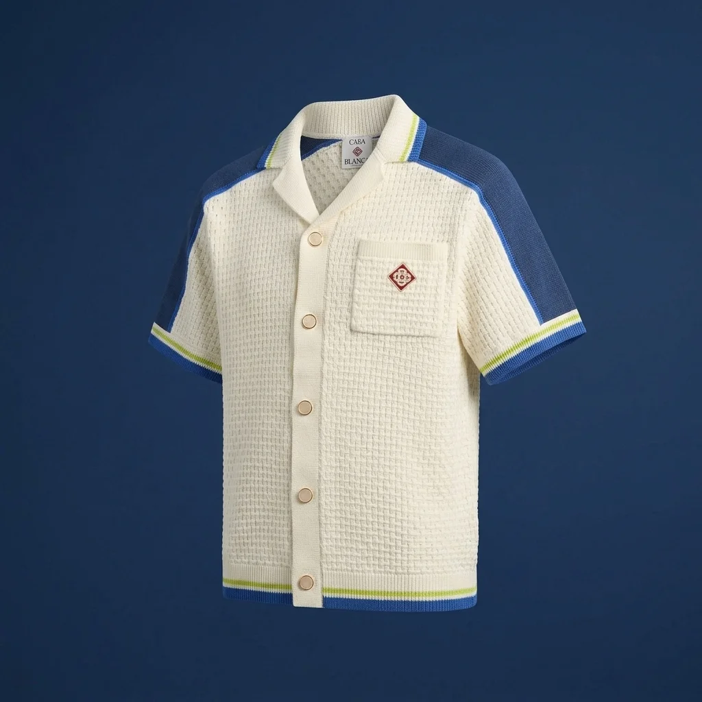 Casablanca Short Sleeve Crochet Shirt - White / Blue / Yellow