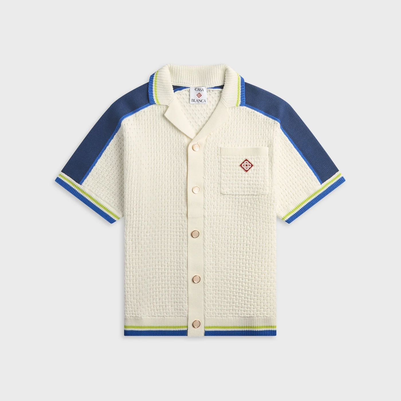 Casablanca Short Sleeve Crochet Shirt - White / Blue / Yellow