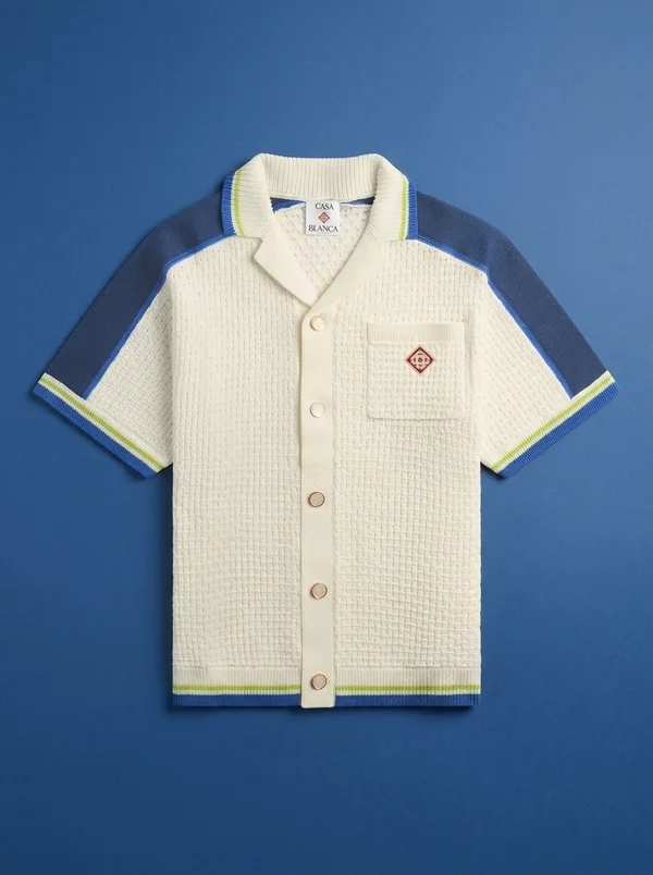 Casablanca Short Sleeve Crochet Shirt - White / Blue / Yellow