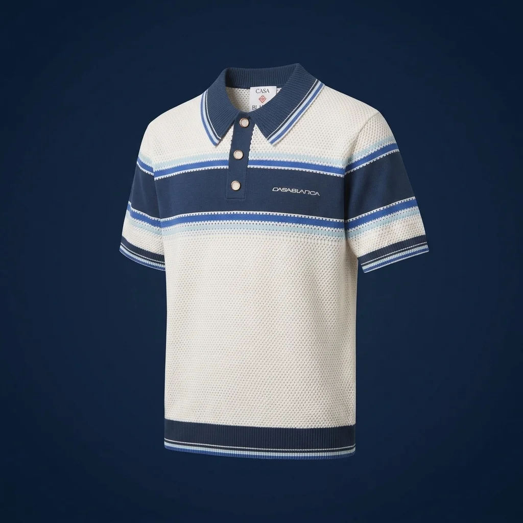 Casablanca Striped Mesh Short Sleeve Polo Shirt - White / Blue