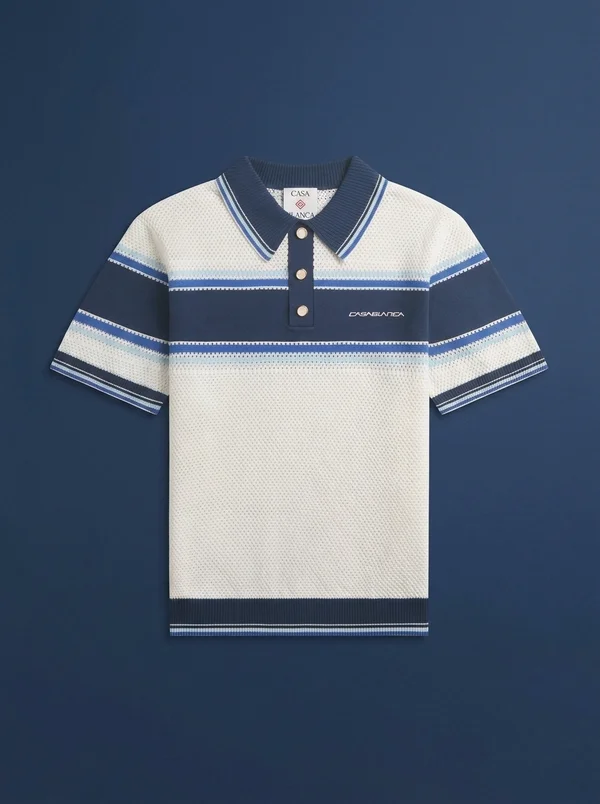 Casablanca Striped Mesh Short Sleeve Polo Shirt - White / Blue