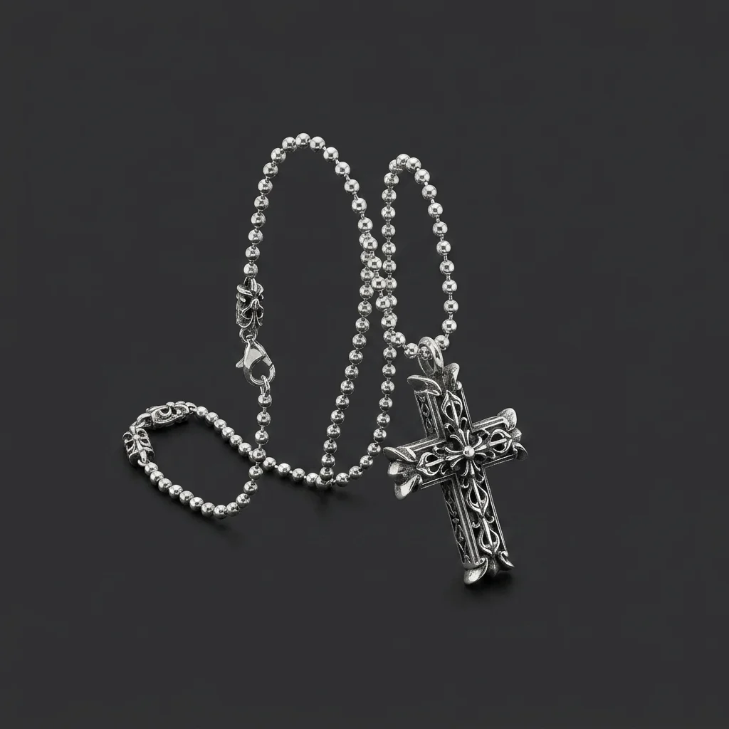 Emanuele Bicocchi Beaded Chain with Notre Dame Cross - Silver