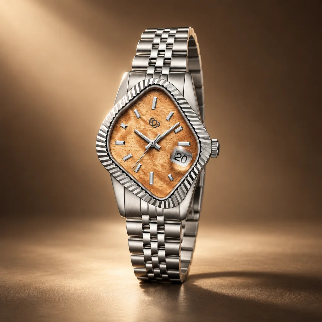LAARVEE Silver Precision Steel Watch - Fluted Bezel / Golden Phoebe Wood Dial