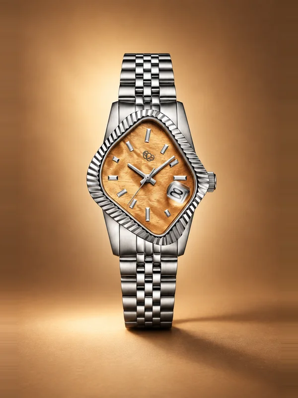 LAARVEE Silver Precision Steel Watch - Fluted Bezel / Golden Phoebe Wood Dial
