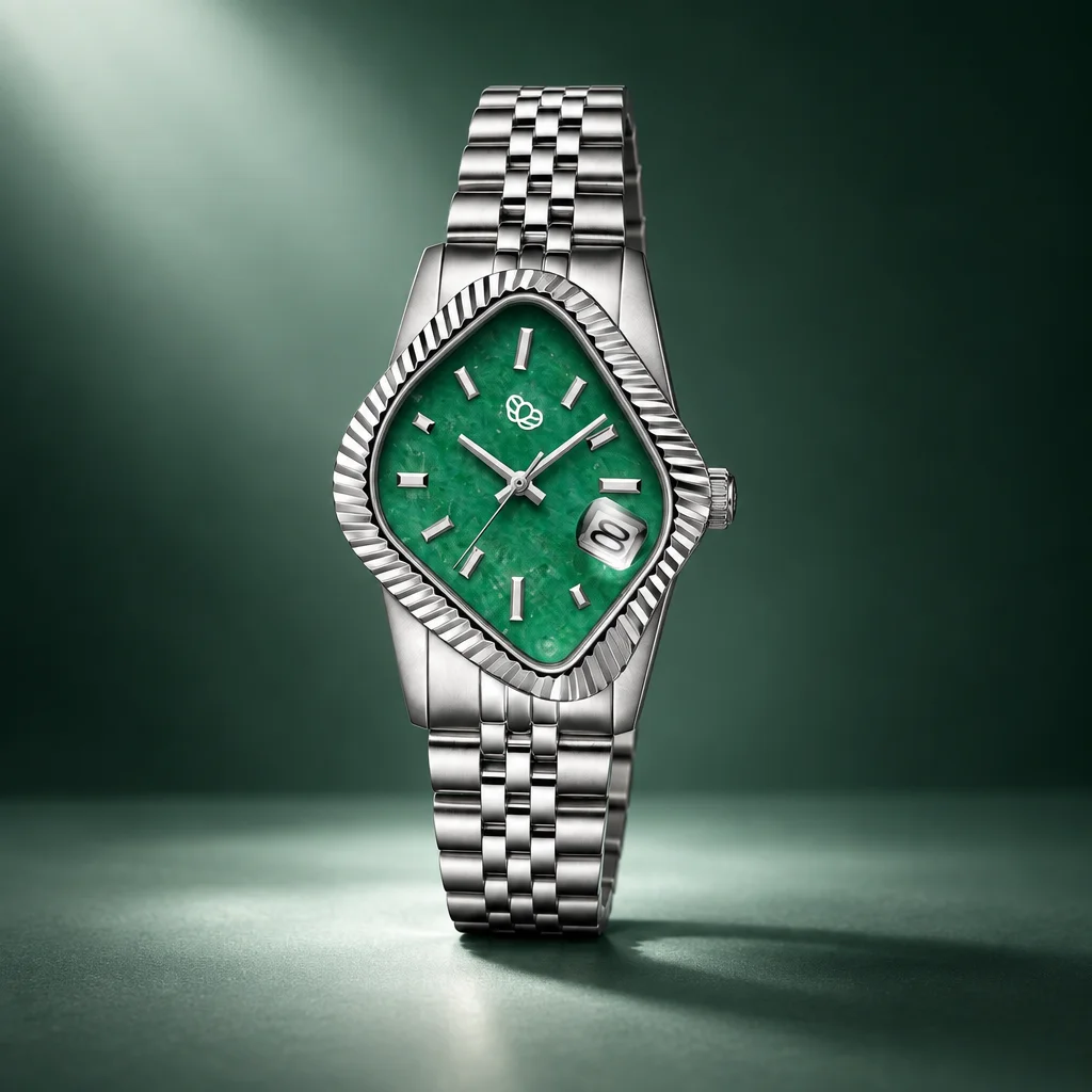 LAARVEE Silver Precision Steel Watch - Fluted Bezel / Jade Dial