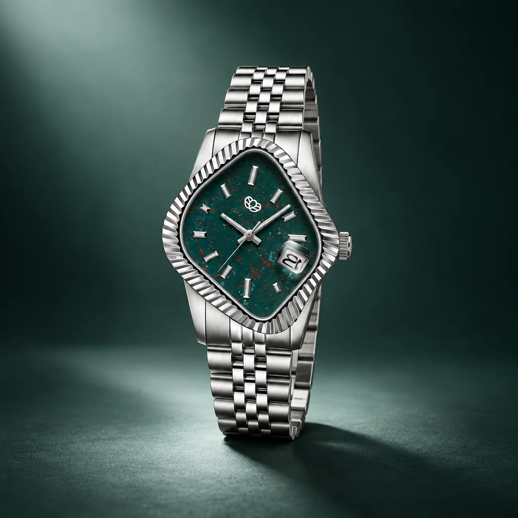 LAARVEE Silver Precision Steel Watch - Fluted Bezel / Natural Bloodstone Dial