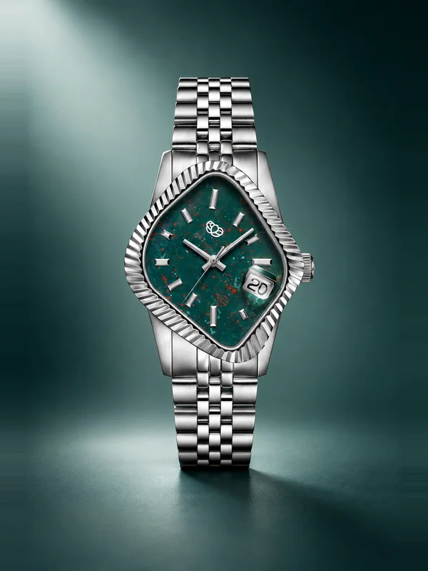 LAARVEE Silver Precision Steel Watch - Fluted Bezel / Natural Bloodstone Dial