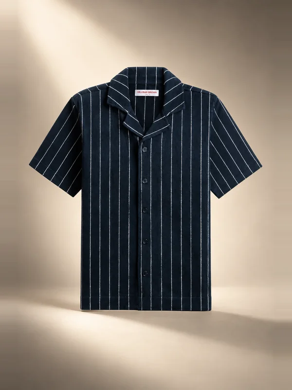 Orlebar Brown Hawkin Towelling Relaxed Fit Stripe Shirt - Night Iris / White Sand