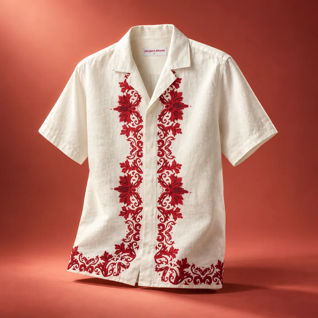 Orlebar Brown Maitan Linen Relaxed Fit Mirabello Border Shirt - White / Vermillion