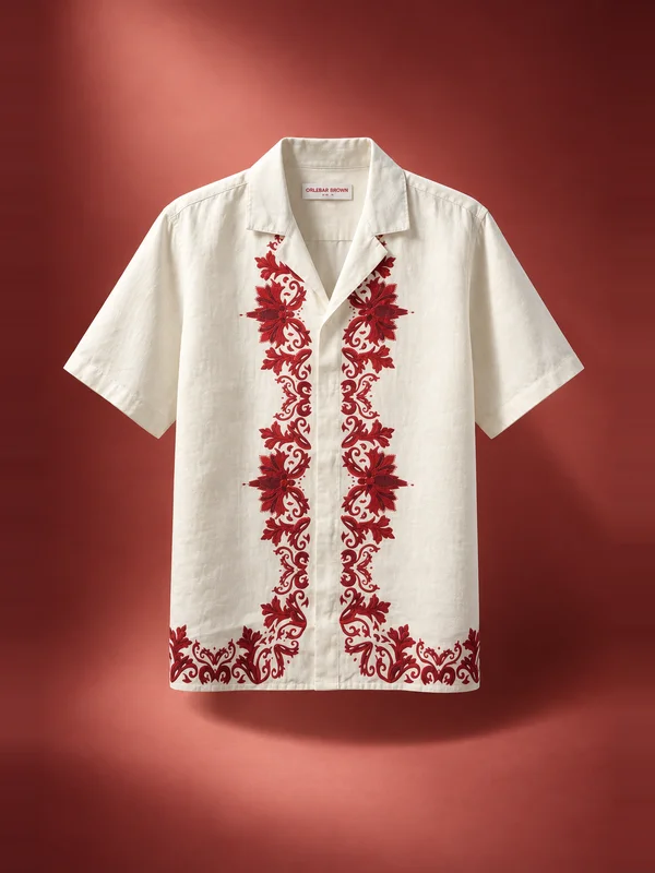 Orlebar Brown Maitan Linen Relaxed Fit Mirabello Border Shirt - White / Vermillion