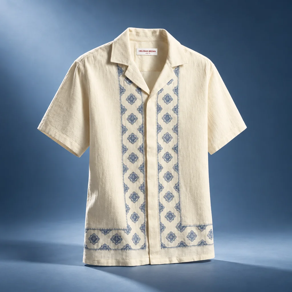 Orlebar Brown Maitan Relaxed Fit Carnival Embroidery Shirt - White Sand / Nightfall Blue