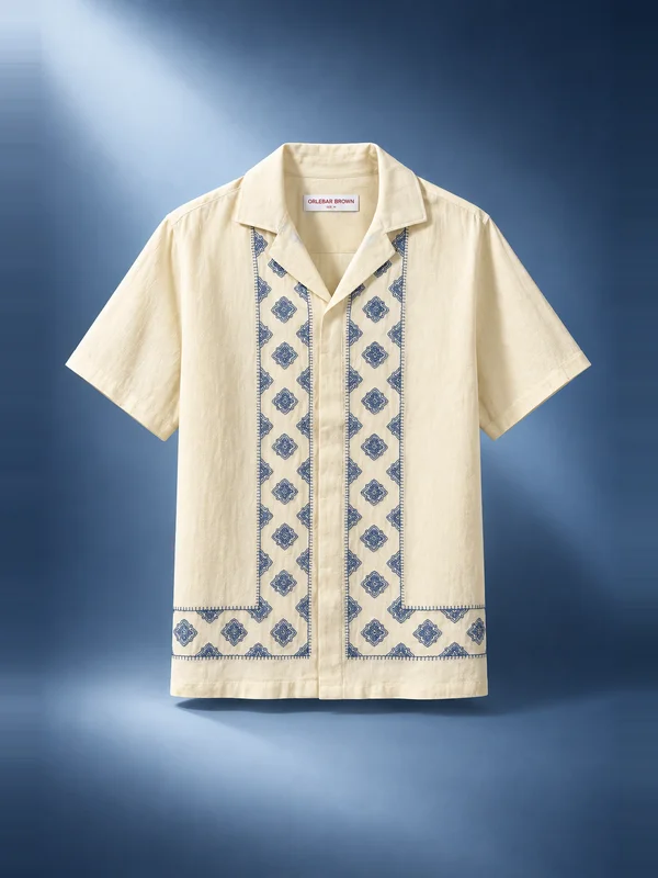 Orlebar Brown Maitan Relaxed Fit Carnival Embroidery Shirt - White Sand / Nightfall Blue