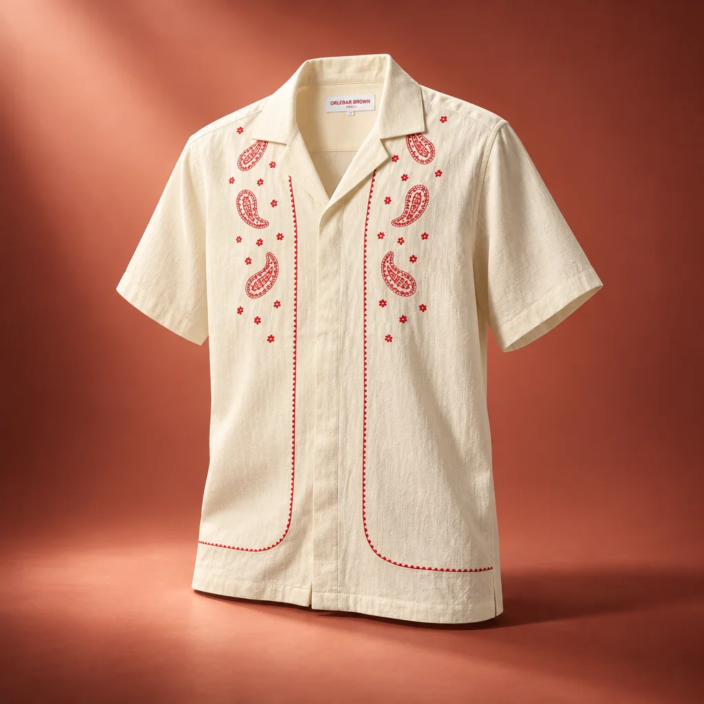 Orlebar Brown Relaxed Fit Paisley Embroidery Shirt - White Sand / Vermillion