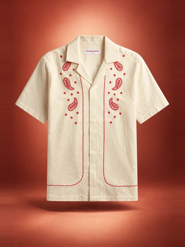 Orlebar Brown Relaxed Fit Paisley Embroidery Shirt - White Sand / Vermillion