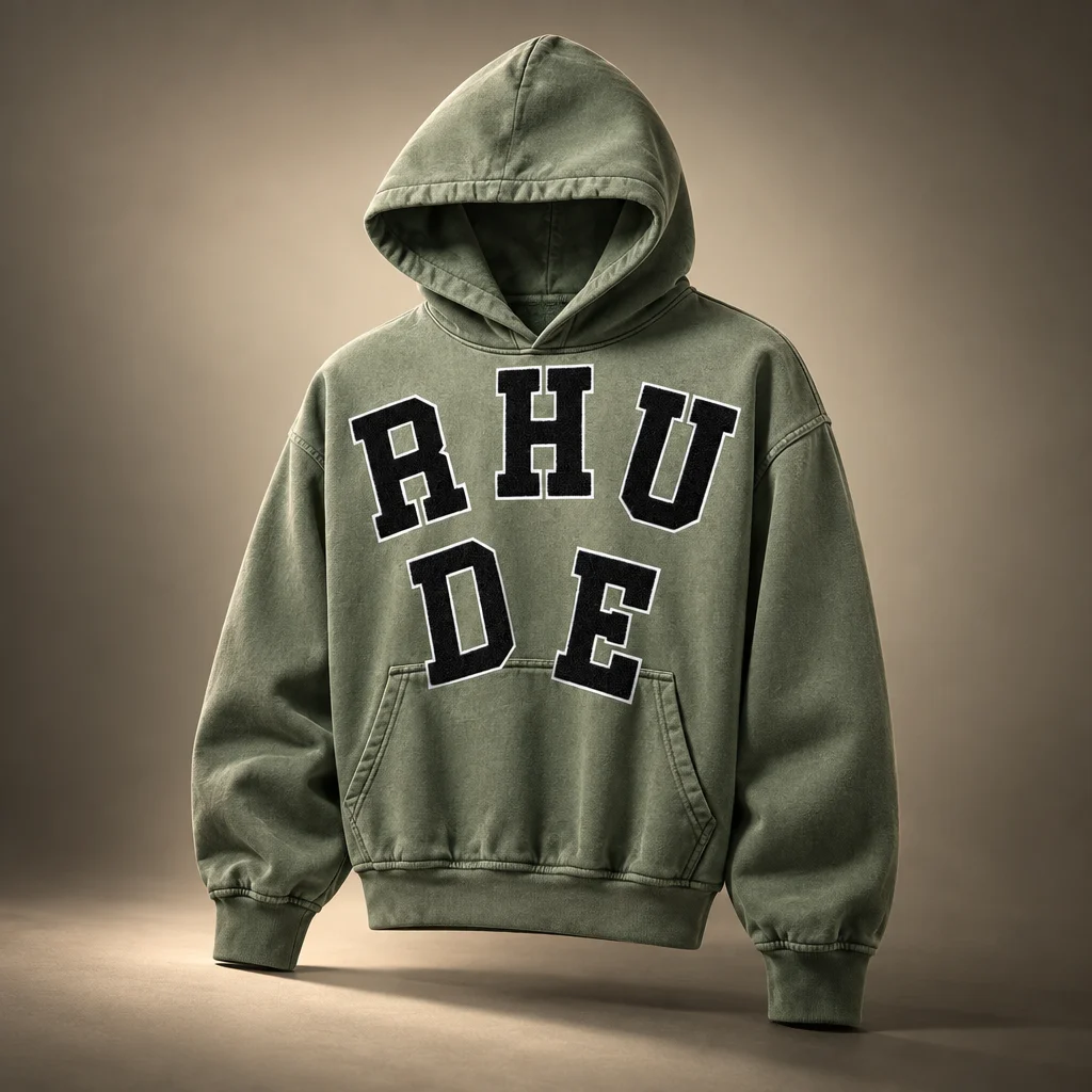 Rhude Chenille Patch Logo Hoodie - Washed Olive / Black