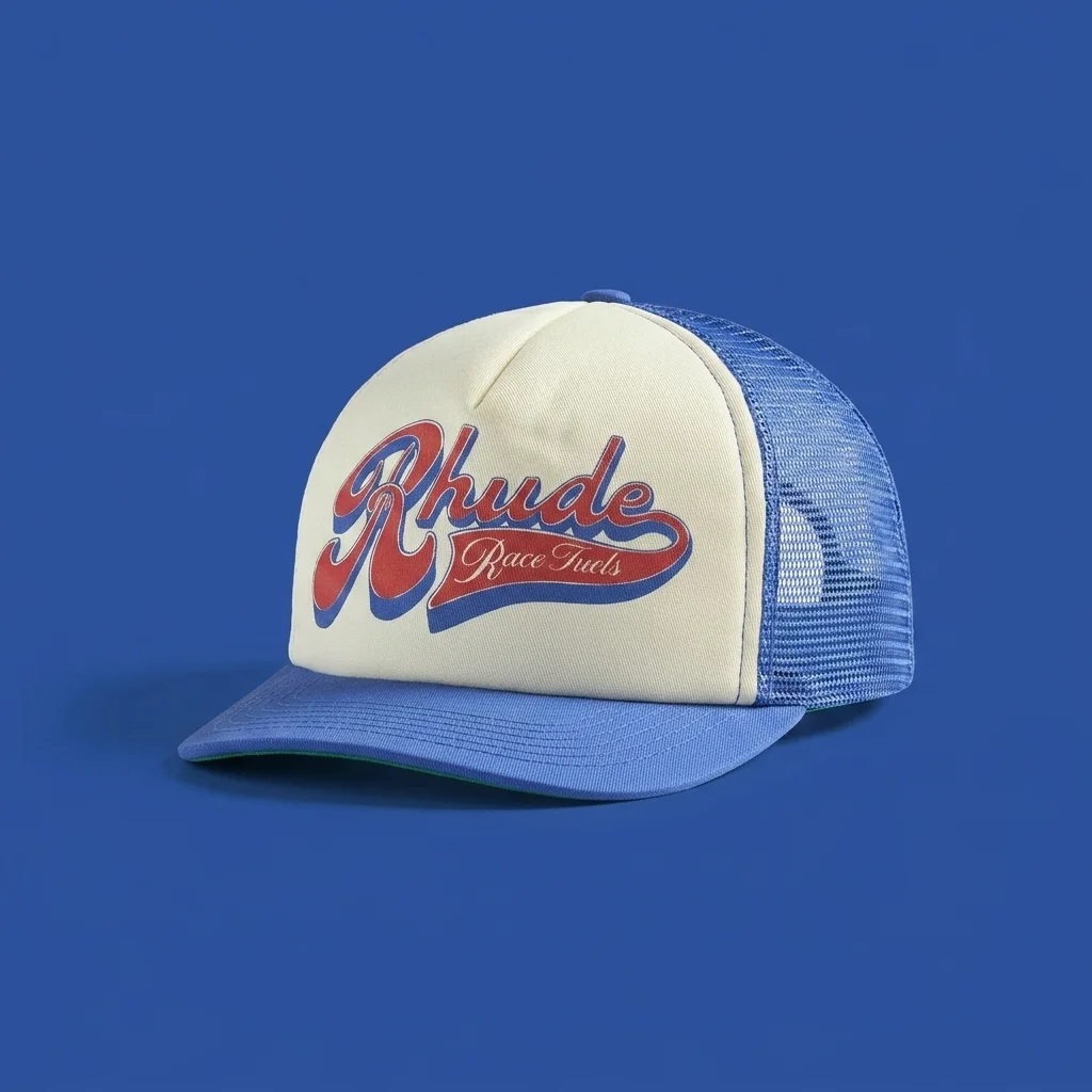 Rhude Pit Stop Trucker Hat - White / Blue / Red