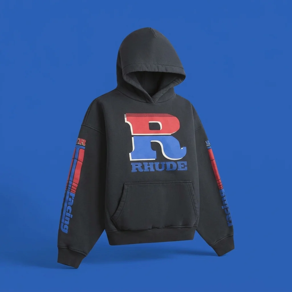 Rhude Split Petrol Logo Hoodie - Vintage Black / Red / Blue
