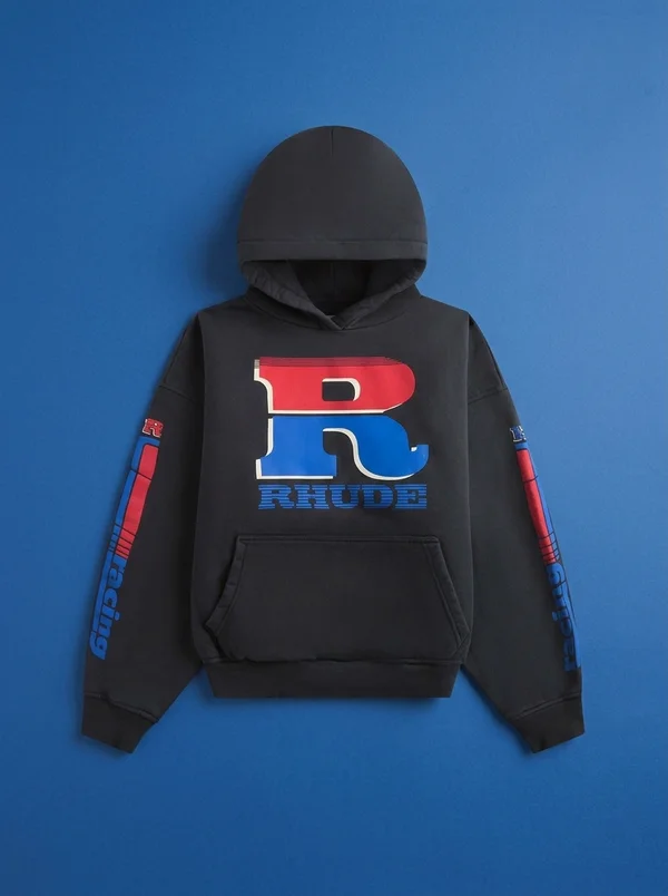 Rhude Split Petrol Logo Hoodie - Vintage Black / Red / Blue