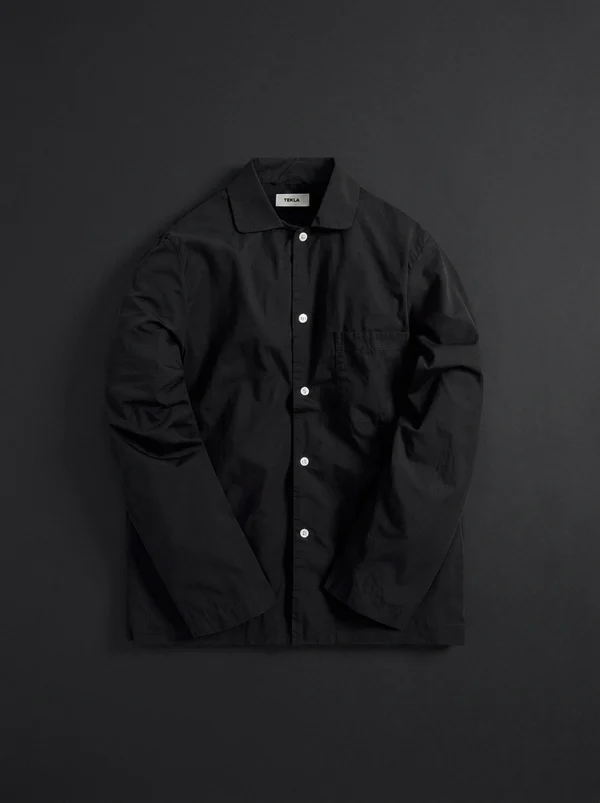 Tekla Poplin Long Sleeve Pajama Shirt - Black