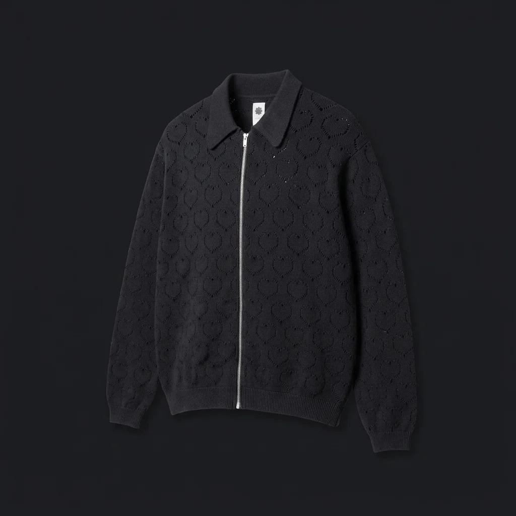 vowels Eyelet Knitted Zip Up Sweater - Black