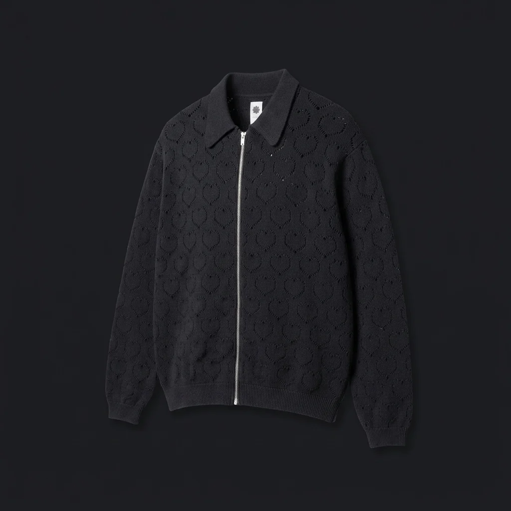 vowels Eyelet Knitted Zip Up Sweater - Black