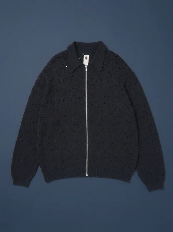 vowels Eyelet Knitted Zip Up Sweater - Black