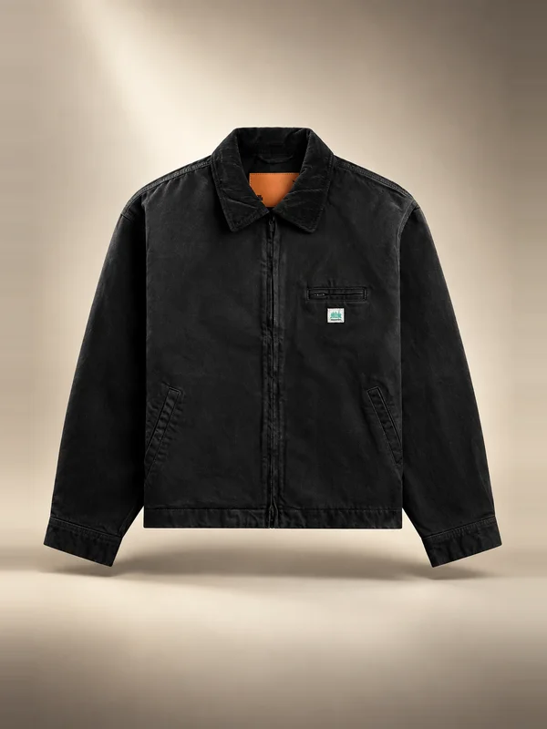 vowels Garment Dyed Zip Up Jacket - Black