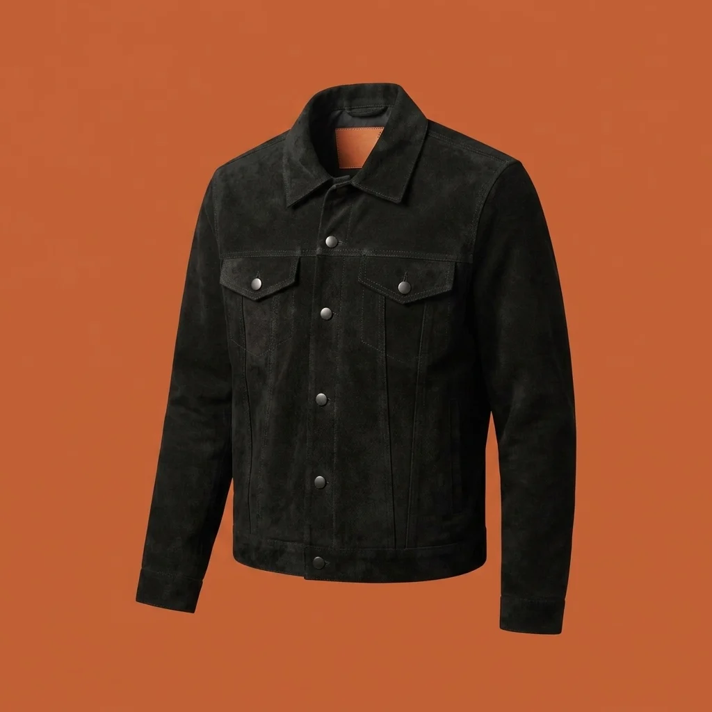 vowels Suede Trucker Jacket - Black