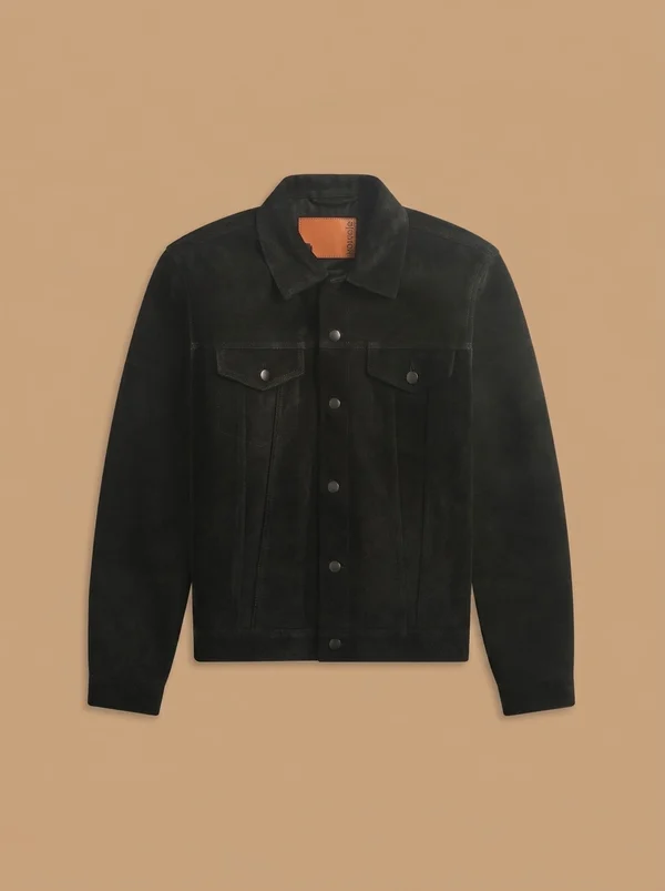vowels Suede Trucker Jacket - Black
