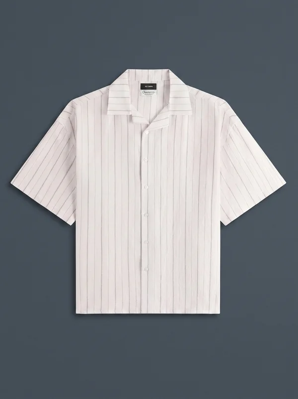 Willy Chavarria Camp Collar Short Sleeve Shirt - White / Black Stripe